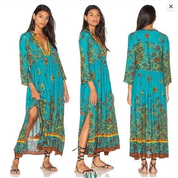 FREE PEOPLE If You Only Knew Maxi Midi Dress Size Medium Teal Green Floral - Picture 1 of 11
